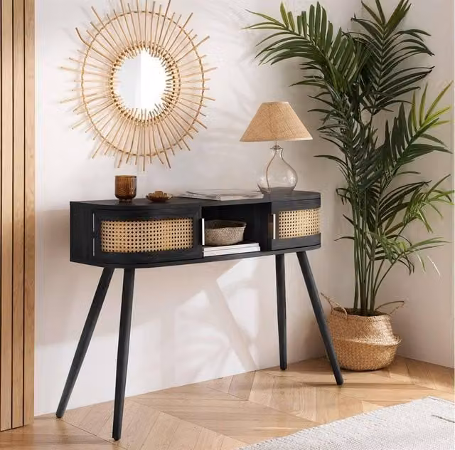 Birlea Noah Rattan and Wood Console Table in Black – 1