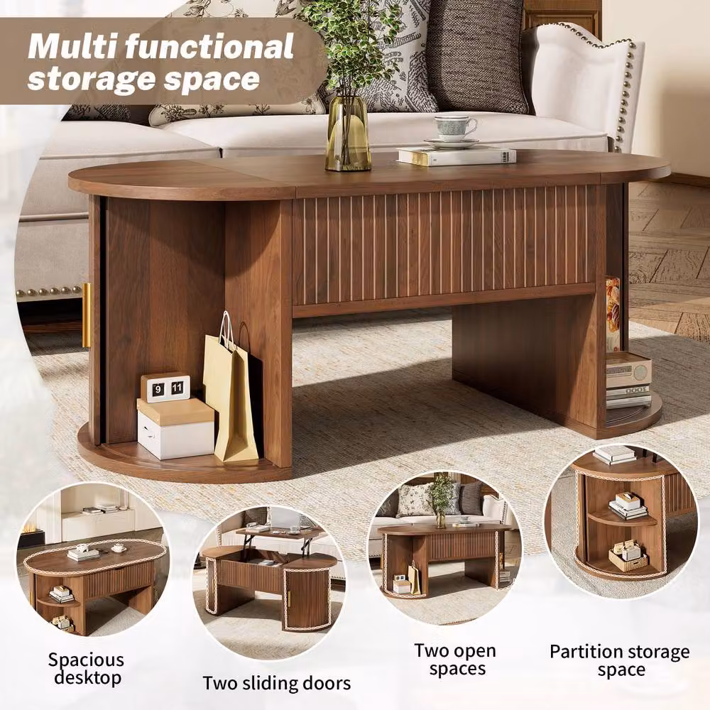 BTM Height Adjustable Coffee Table with Open Shelves and Sliding Doors in Walnut – 3