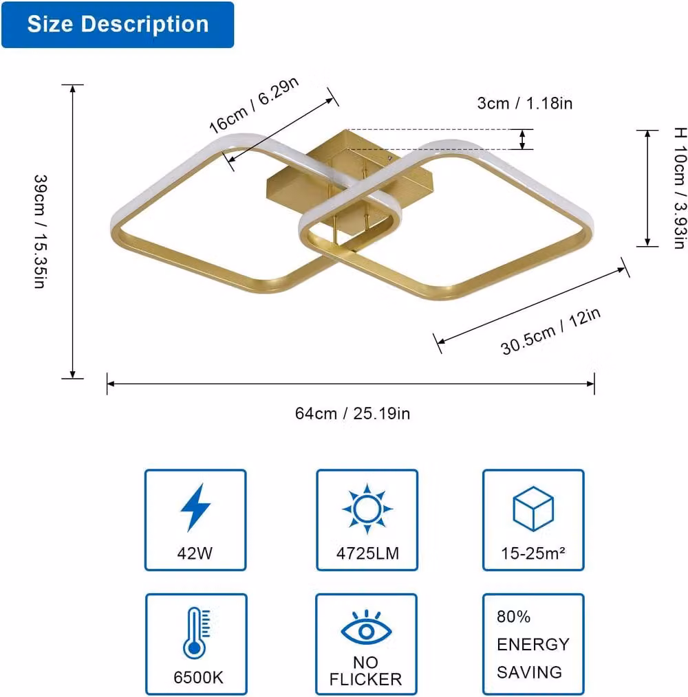 Goeco Modern Square LED Ceiling Light in Gold/Brass with 42 W Aluminium Design and 6500 K Cool White Light – 2