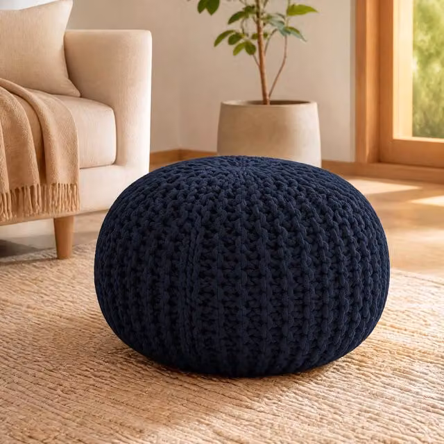 Bravich LTD Chunky Knitted Cotton Round Pouffe Footstool in Blue, Diameter: 50 cm