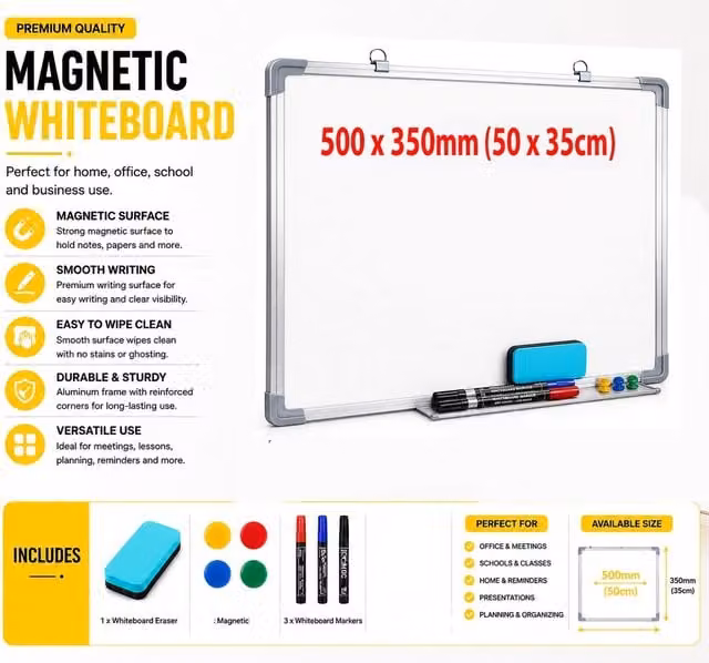 Atek Magnetic Whiteboard in White and Silver with Aluminum Frame, W: 50 cm x H: 35 cm