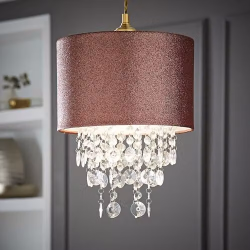 ValueLights Pair of Pink Glitter Cylinder Ceiling Pendant Drum Light Shades with Transparent Acrylic Jewel Droplets and LED Bulbs, Width: 28 cm – 3