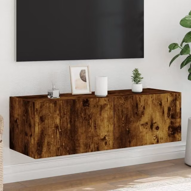Berkfield Home Modern Wall Mounted TV Cabinet with Integrated LED Lighting in Smoked Oak Brown, W/D/H: 100 x 35 x 31 cm