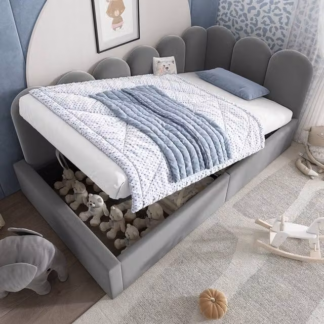 ModernLuxe Upholstered Velvet Daybed with Hydraulic Storage and Sofa Function in Grey, W/D/H: 90 x 190 x 76 cm