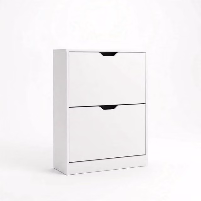 Nordara White Wooden 2 Drawer Shoe Rack Storage Cabinet with Tilting Compartments and Internal Shelves W: 100 cm, D: 17 cm, H: 83 cm