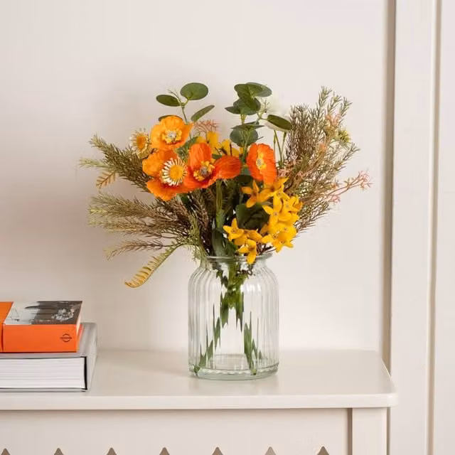 Scottish Everlastings Ltd Rustic Mixed Forsythia and Poppy Floral Arrangement in Orange, Yellow, Red and Green, Height: 35 cm