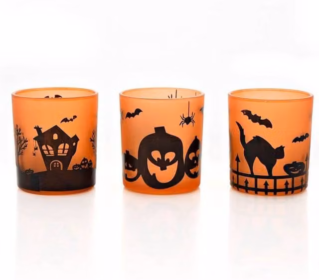 KDMD Set of 3 Orange Abstract Round Glass Halloween Votive Tealight Holders