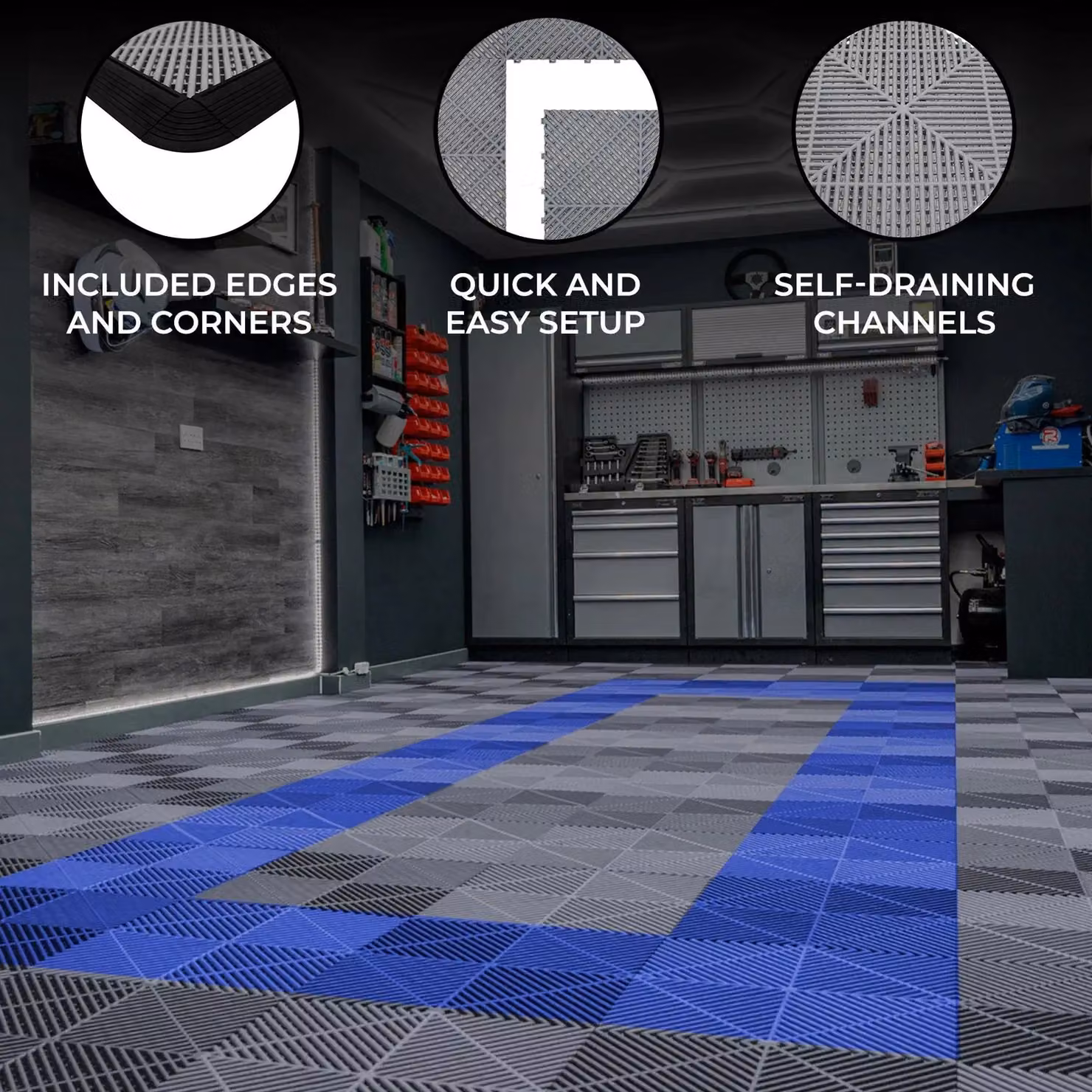 Monstershop Vented Garage Floor Tiles with Edges, Grey and Blue Plastic – 2
