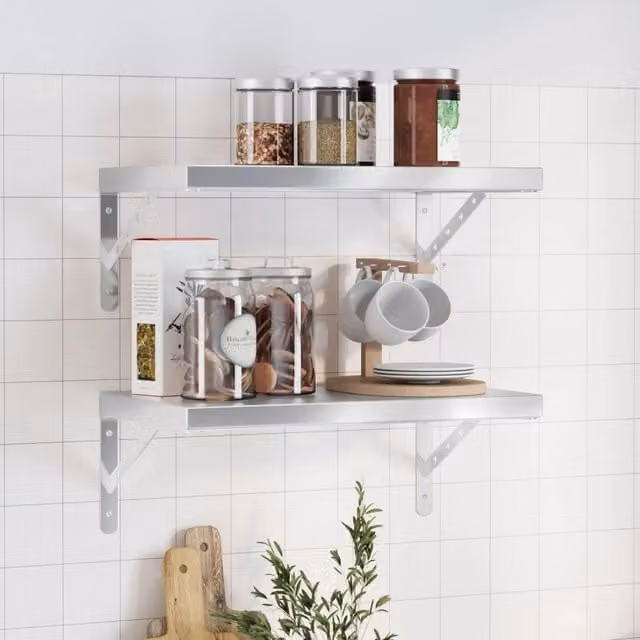 Berkfield Home Set of 2 Silver Stainless Steel Wall Mounted Shelves, W: 50 cm, D: 30 cm