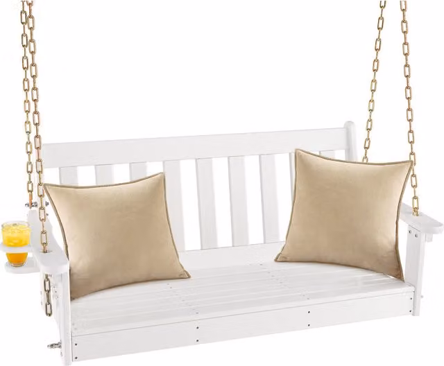 Costway 2-Person Garden Swing Chair Loveseat Bench with Cushions and Cup Holders, White