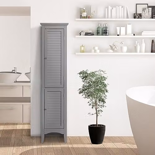 Teamson Home Glancy Tall Wooden Bathroom Cabinet in Grey with Internal Shelves and Hinged Doors H 160 x W 38.1 x D 33 cm – 4