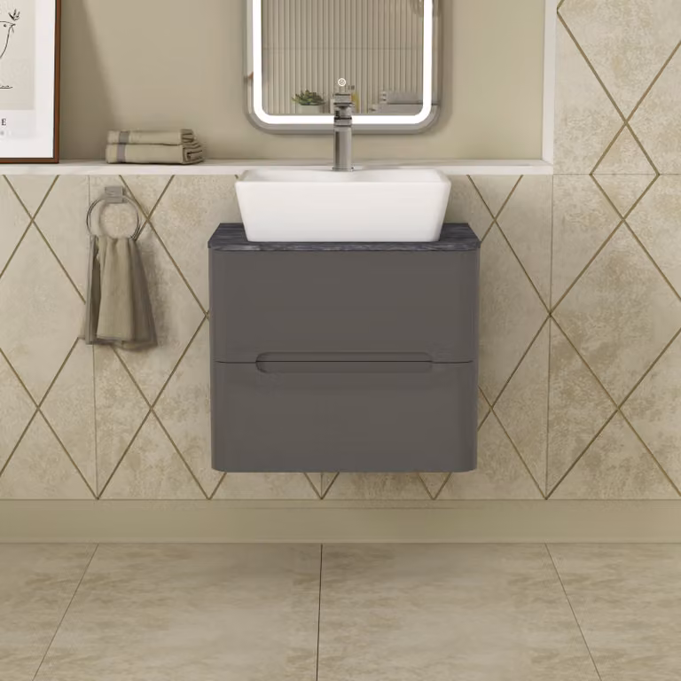 Royal Bathrooms Infinity 600mm Gloss Anthracite Wall Hung Vanity Unit with Black Star Countertop Basin and 2 Drawers