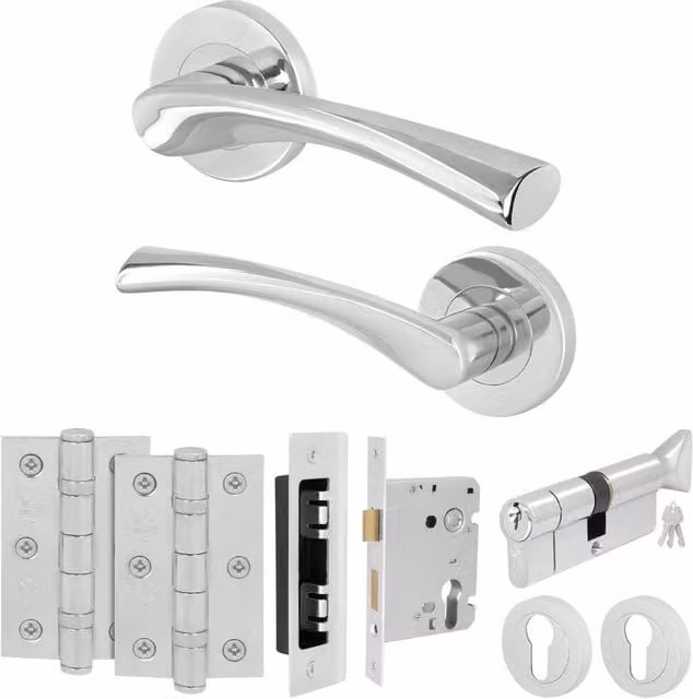 AFIT Chrome Door Handle Rose with Thumbturn Cylinder and Hinges, 2 Pack, Silver, W/D/H: 15 x 15 x 1.5 cm – 1