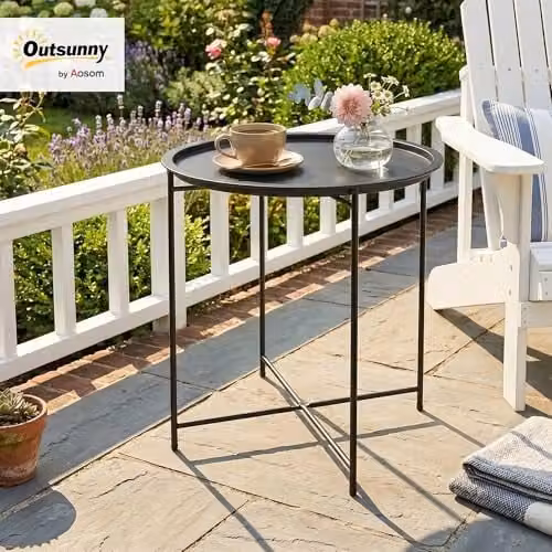 Outsunny Round Black Metal Garden Side Table with Removable Tray, W/D/H: 46 x 46 x 53 cm – 2