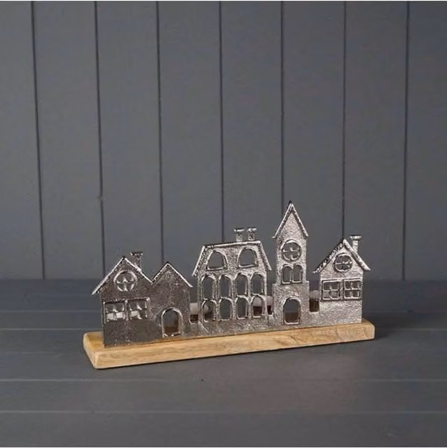 KDMD Silver Festive Metal Townscape Tealight Holder – 1