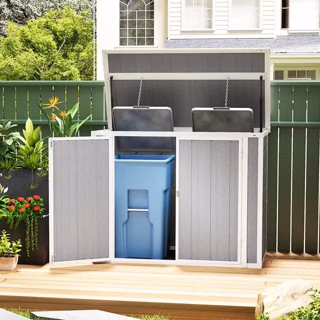 OUTSUNNY Lockable Double Bin Storage Garden Shed, Grey, W: 143.29 cm, D: 76.2 cm, H: 110 cm