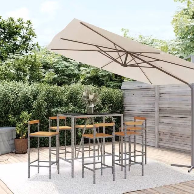 Berkfield Home 7 Piece Garden Bar Set in Grey Poly Rattan and Solid Acacia Wood – 1