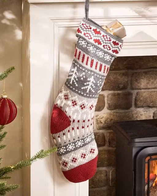 Dibor Set of 4 Grey and Red Fair Isle Nostalgia Knit Christmas Stockings – 1