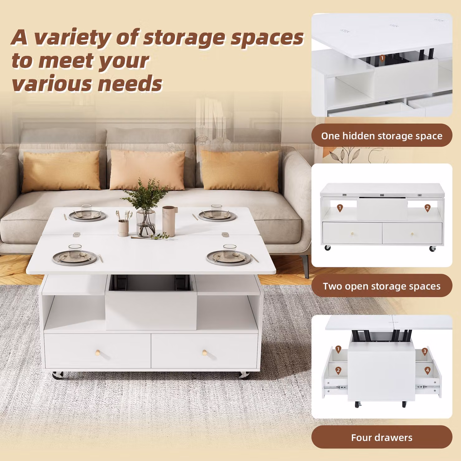 Aosom UK Extendable Lift-Top Coffee Table with 2 Lift-Up Tabletops and 4 Drawers, White, W: 100 cm, D: 50 cm, H: 47.5 cm – 3