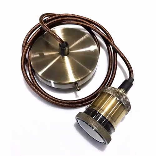 CGC Lighting Cassie Adjustable Suspended Pendant Light with Matching Ceiling Rose, Antique Brass and Bronze with Brown Fabric Cord, E27 Holder – 3