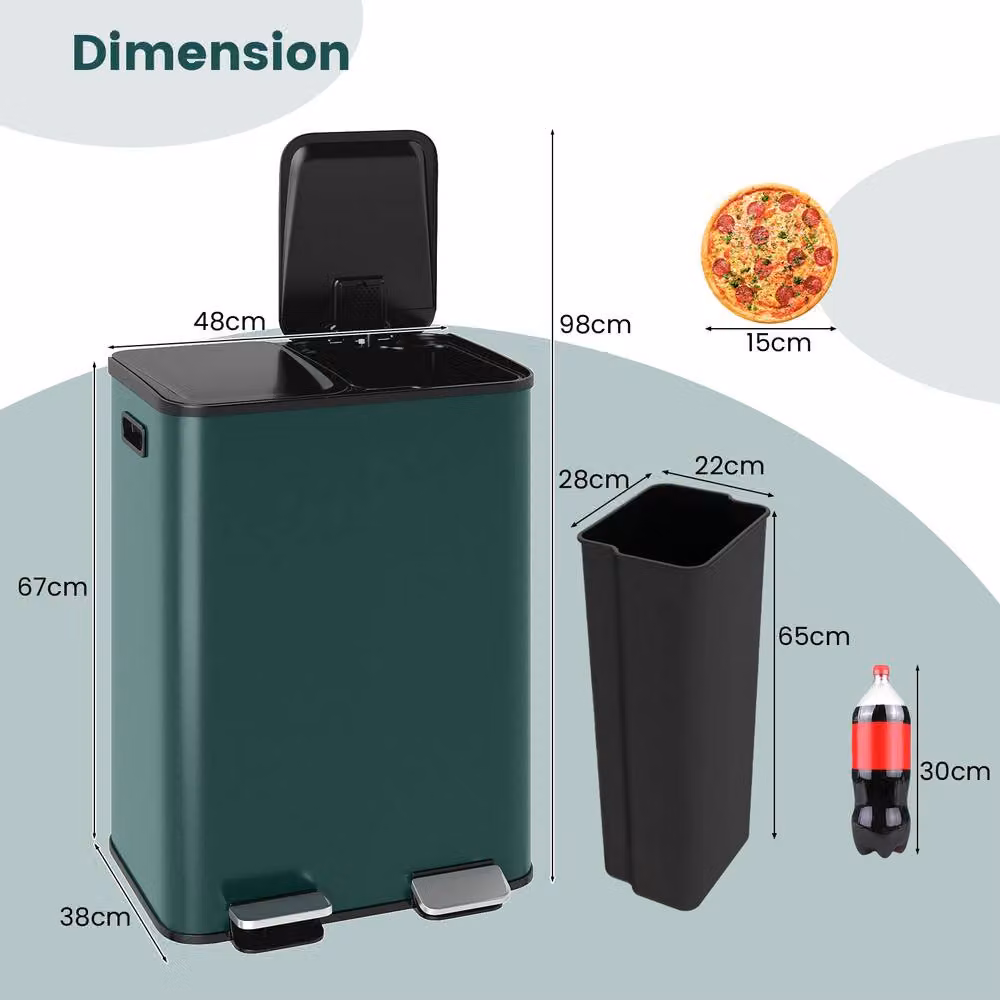 Gymax 60L Step Trash Can with Dual 30L Removable Liners in Green – 2