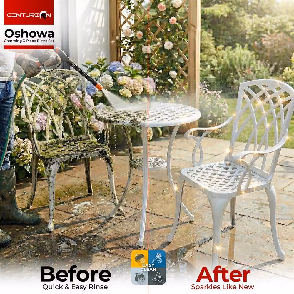 Centurion Supports OSHOWA White Powder Coated Aluminium Bistro Set with Round Table and 2 Armchairs – 6