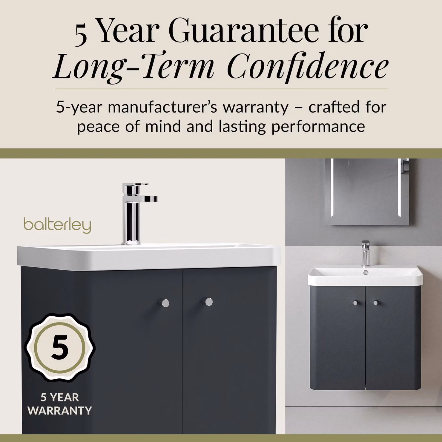 Balterley Wall Hung 2 Door Modern Bathroom Vanity Unit with Ceramic Sink in Matt Dark Grey, Width: 60 cm – 3