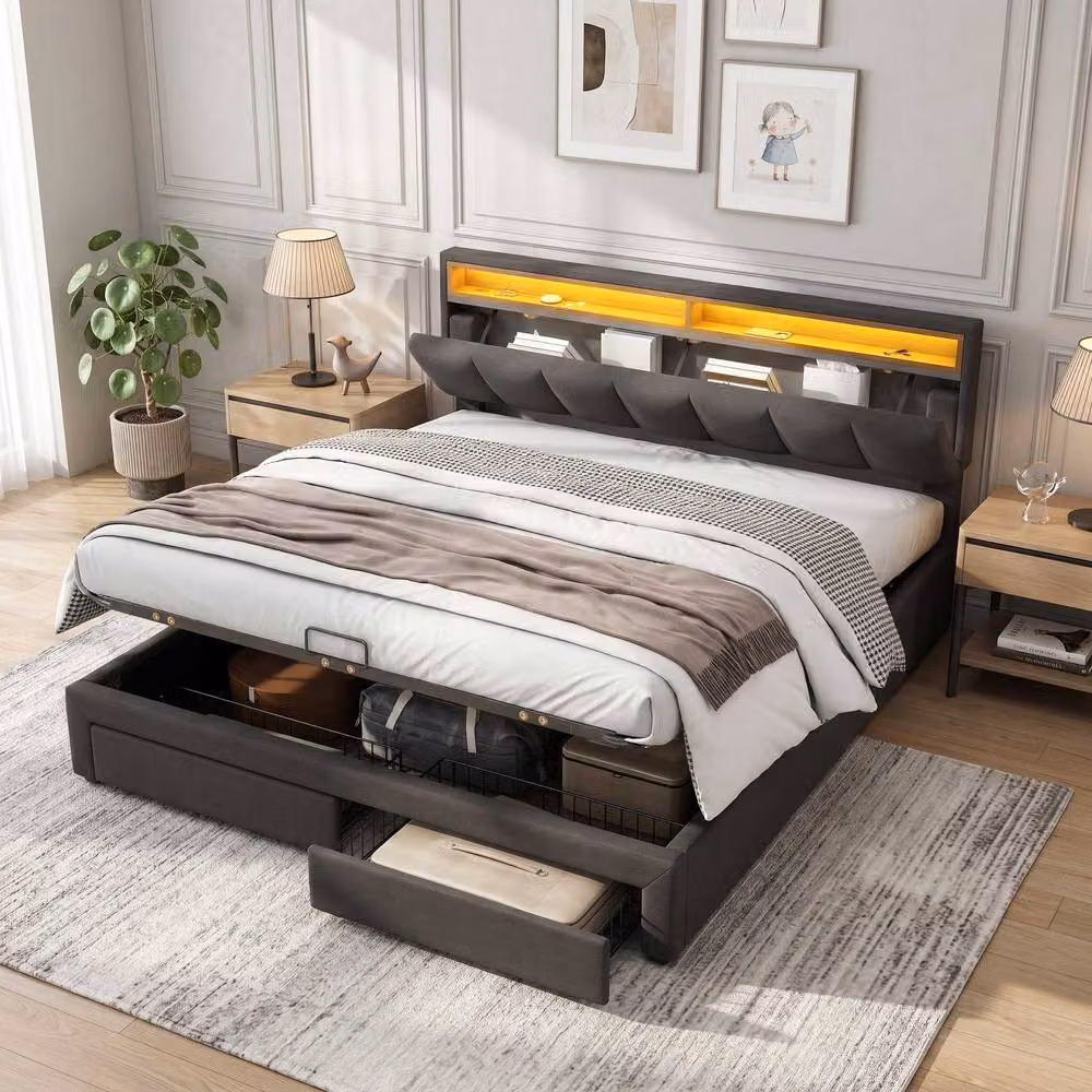 STILVORA Super King Upholstered Bed with LED Under-Bed Lighting in Grey, W: 180 cm x D: 200 cm – 2