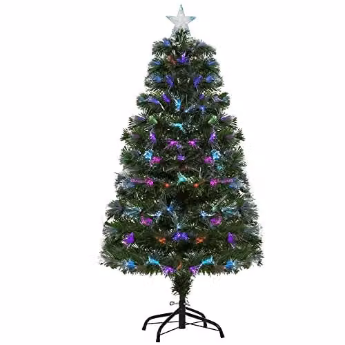 HOMCOM 4ft Green Artificial Christmas Tree with Multicolour LED Fibre Optic Lights and Metal Stand – 1