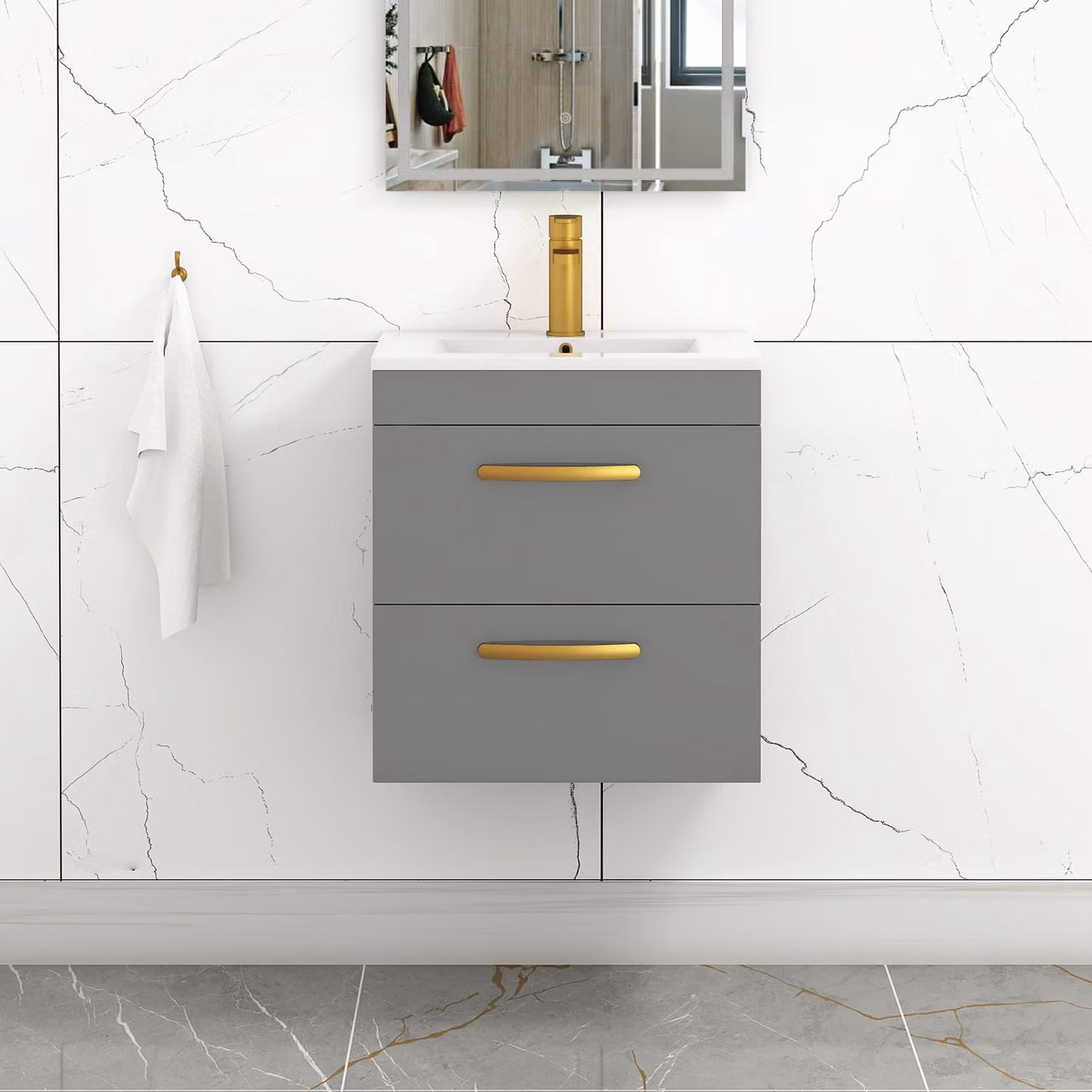Royal Bathrooms Turin Wall Hung Vanity Unit in Indigo Grey Gloss with 2 Drawers and Brushed Brass Handles