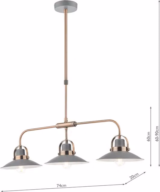 Dar LID0339 Suspended Industrial Bar Pendant Light in Grey and Copper, Height Adjustable and Dimmable, H 120 cm x W 60 cm x D 3 cm