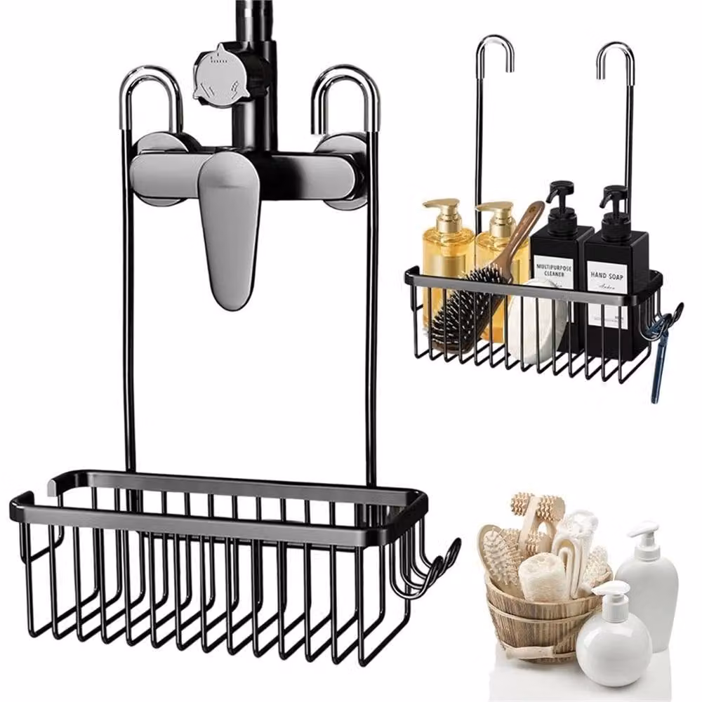Nordara Black Rustproof Aluminium Shower Caddy Hanging Storage Organiser with Hooks – 3