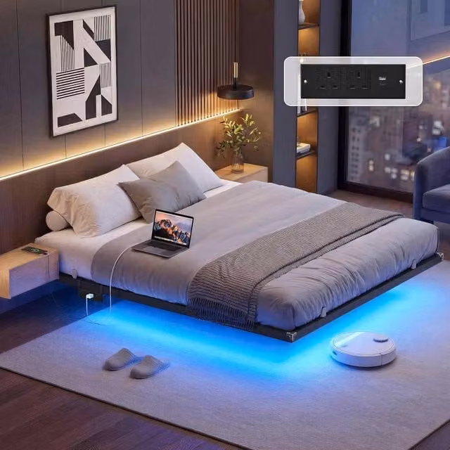 The Bazaarist King King Floating Bed Frame with LED Under-Bed Lighting in Black Metal