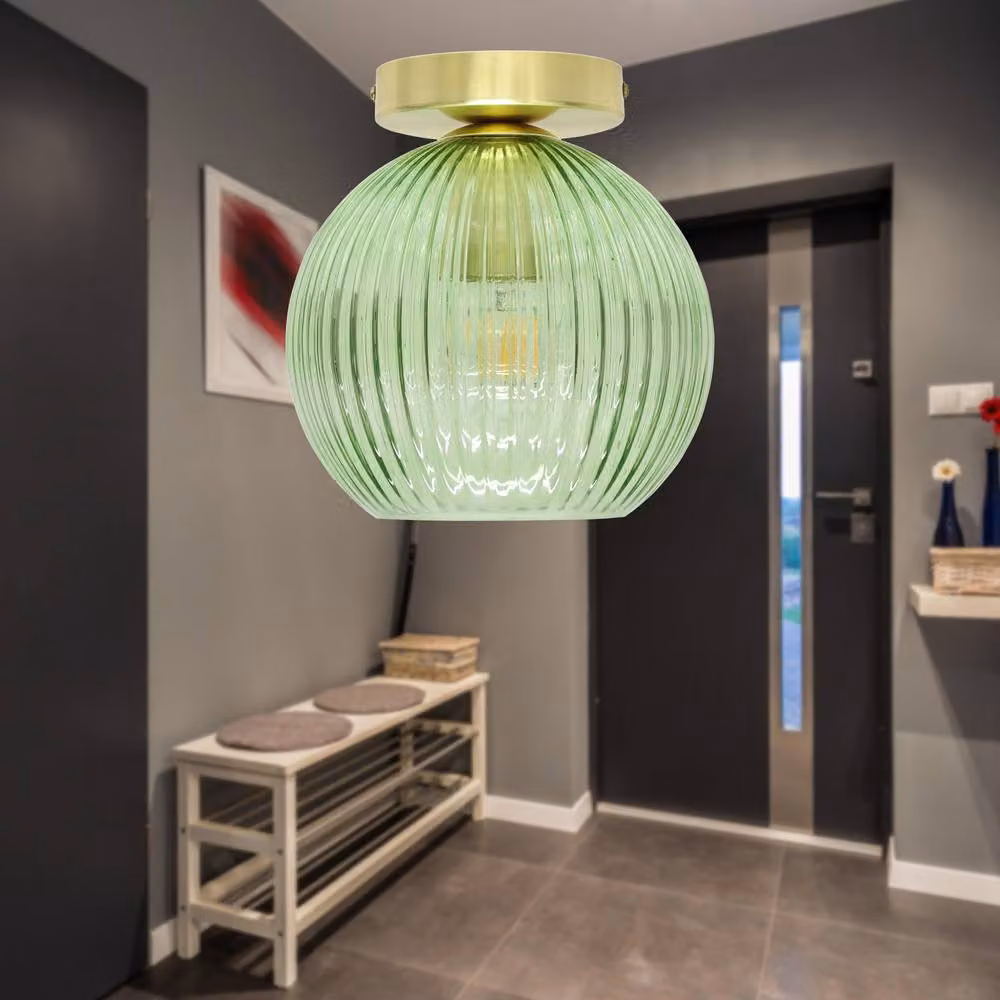 First Choice Lighting Betchley Green Ribbed Glass Globe Satin Brass Ceiling Light Fitting – 2