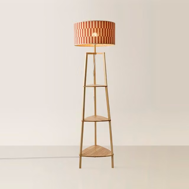 ValueLights Hiru Shelf Tripod Floor Lamp with Orange and Multicolour Checkerboard Bamboo Shade