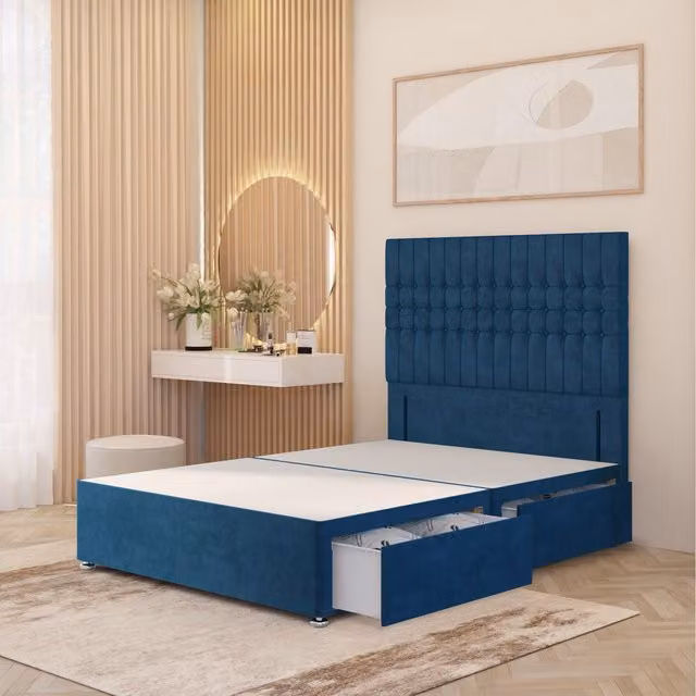 Somnior Beds Ltd Lexington Divan Bed Base with Floor Standing Headboard in Blue Plush Velvet with Drawers, W/D/H: 140 x 200 cm