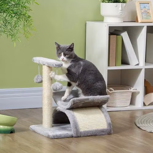 PawHut Grey Cat Tree with Rotatable Top Bar, Sisal Scratching Post, Tunnel and Integrated Toys – 2