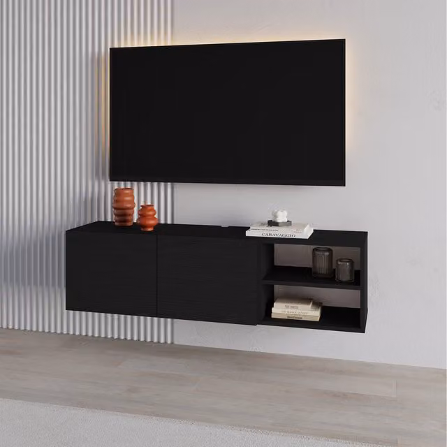 Decortie Modern Wall Mounted Floating TV Stand for 50 Inch TVs in Black Wood with Soft Close Drawers and Media Compartments