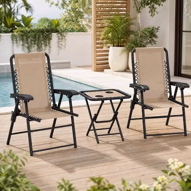 STILVORA Folding Garden Bistro Set with Mesh Table in Tan/Sand