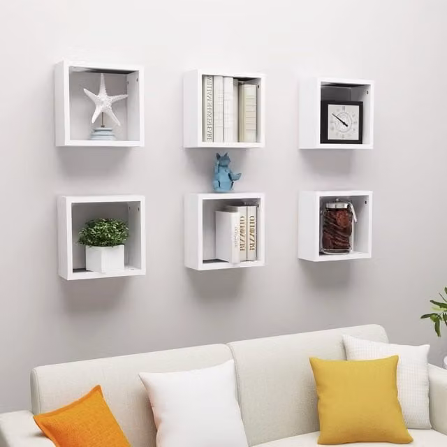 Berkfield Home Wall Mounted Cube Shelves, 6 Pieces, White, W/D/H: 30 x 15 x 30 cm