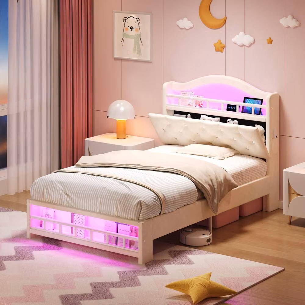 ModernLuxe Upholstered Single Bed Frame in Beige with LED Storage Headboard and USB Charging Port, W/D/H: 90 x 190 x 117 cm – 2