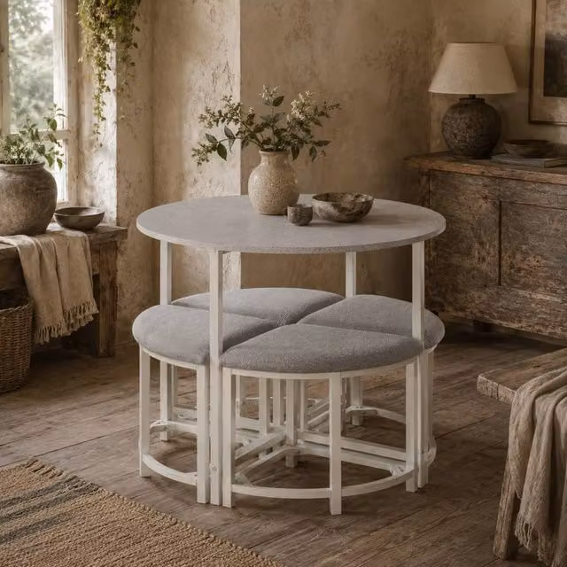 Wyld Haus Bavino Grey Round Dining Table with 4 Upholstered Stools