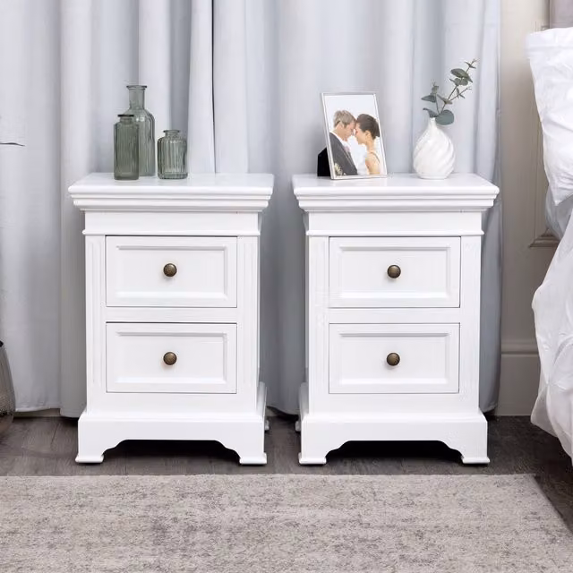 Melody Maison Daventry White Range Pair of Two Drawer White Lacquered Wood Bedside Tables