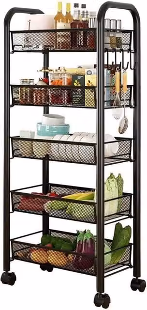 NESTLUNE 5 Tier Rolling Free Standing Kitchen Storage Cart in Matt Black, W/D/H: 100 x 15 x 5 cm – 1