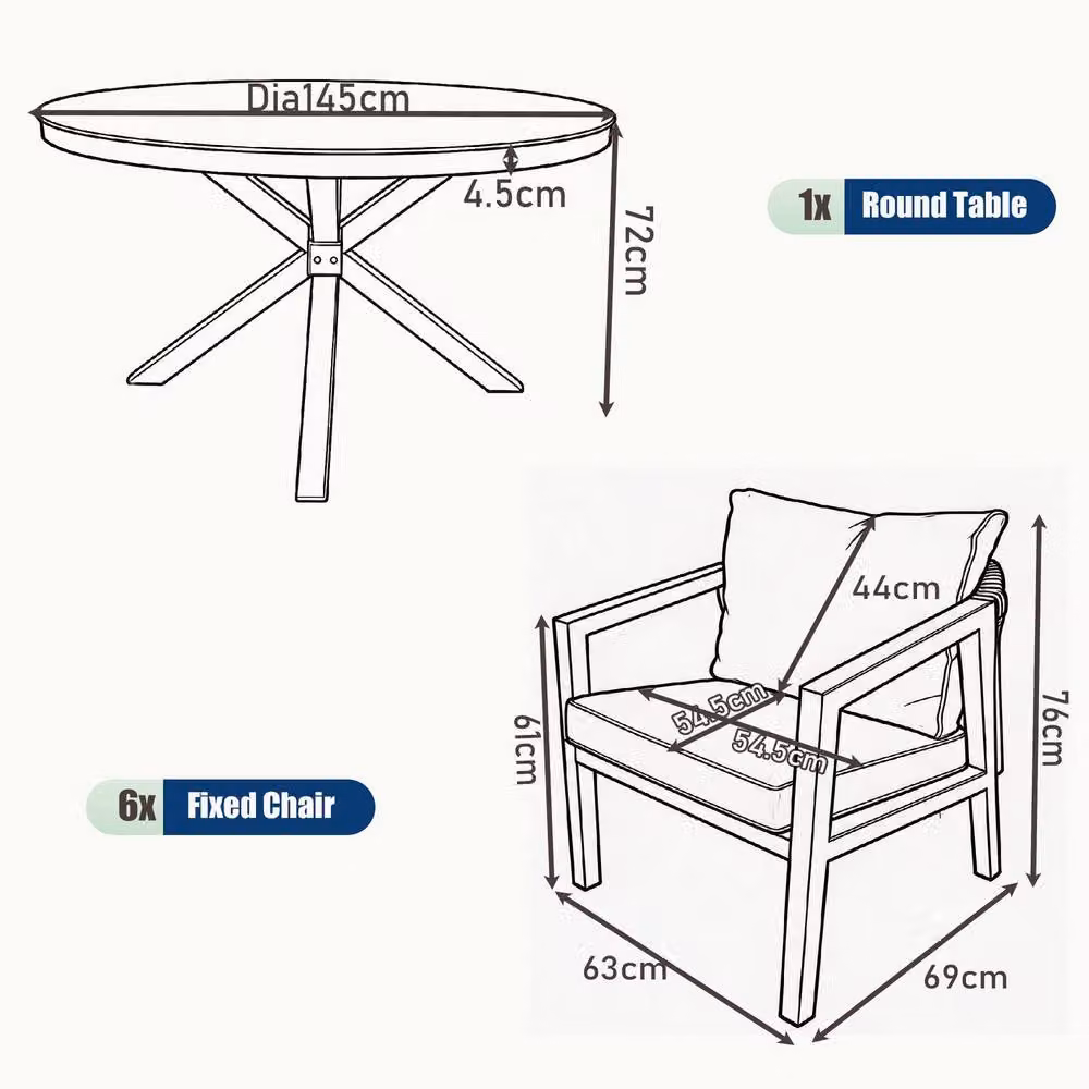 FURNITURE ONE 6 Seater Aluminium Garden Dining Set in Grey and Beige with Round Glass Top, Diameter: 145 cm – 4