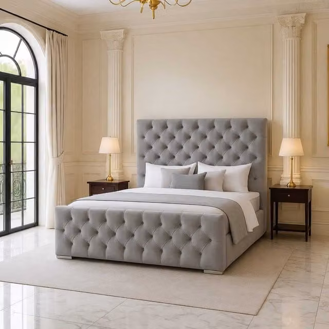 K Mehmood Enterprise Ltd Modern Chesterfield Upholstered Bed Frame with Headboard and Footboard in Grey