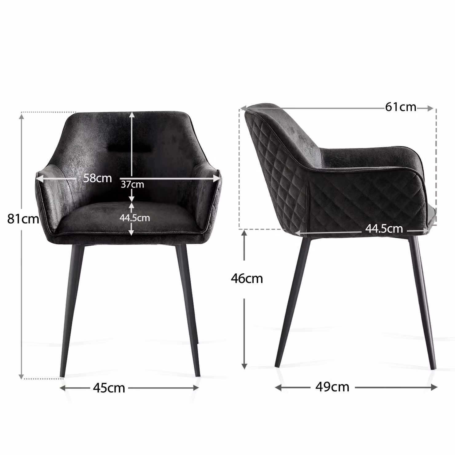 SONARA Set of 4 Modern Faux Suede Dining Armchairs in Black with Metal Legs – 2