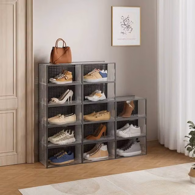 KORVIXA 12 Piece Stackable Plastic Shoe Storage Boxes, Black and Transparent, W: 50 cm, D: 50 cm, H: 50 cm