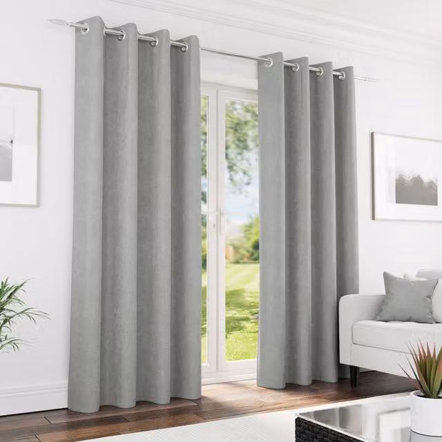Knightsbridge Grey Chenille Blackout Eyelet Curtains, Thermal Insulating, Width: 137 cm, Height: 168 cm