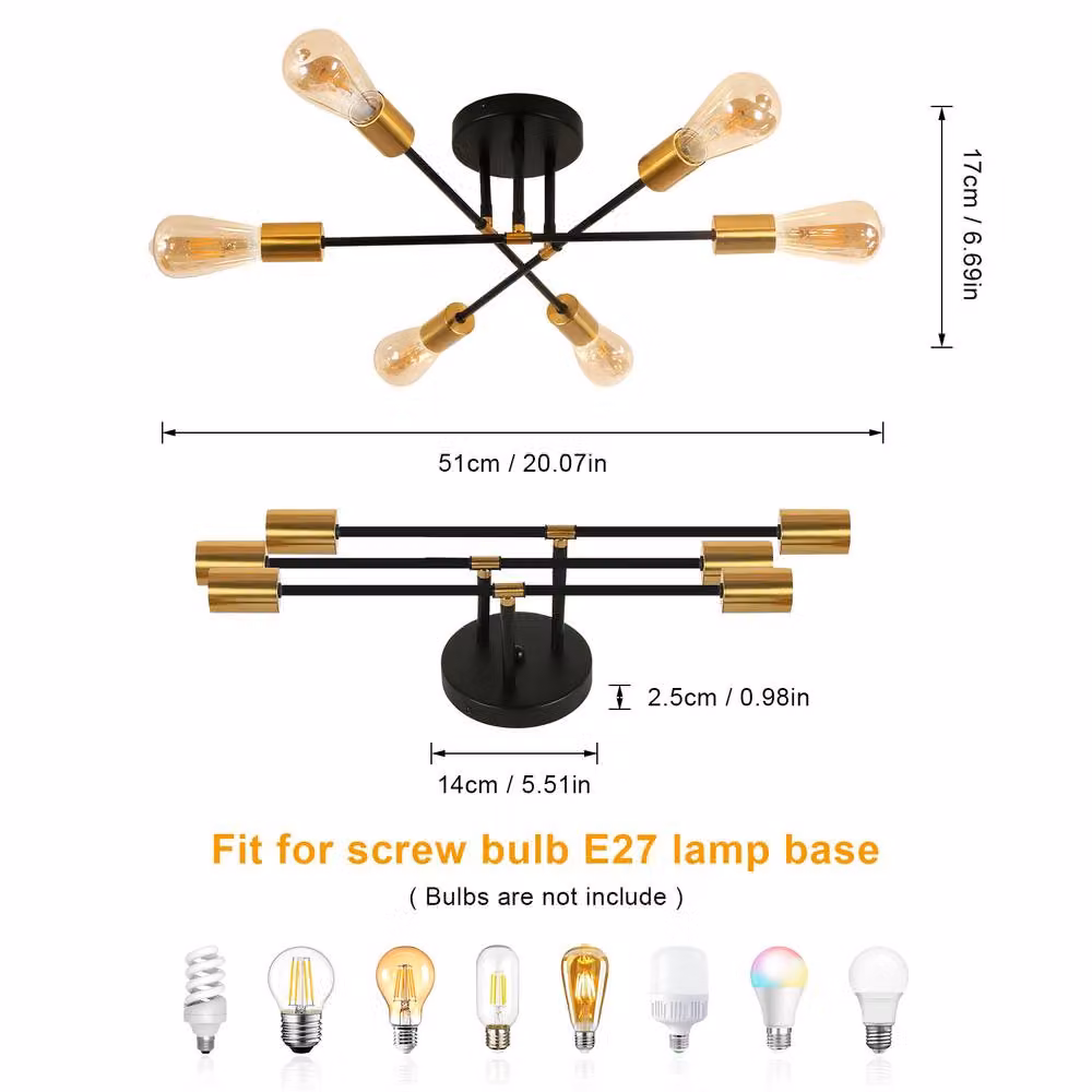 Pheashine 6-Light Modern Sputnik Ceiling Light, Adjustable Metal Chandelier with E27 Sockets in Black and Gold/Brass – 2